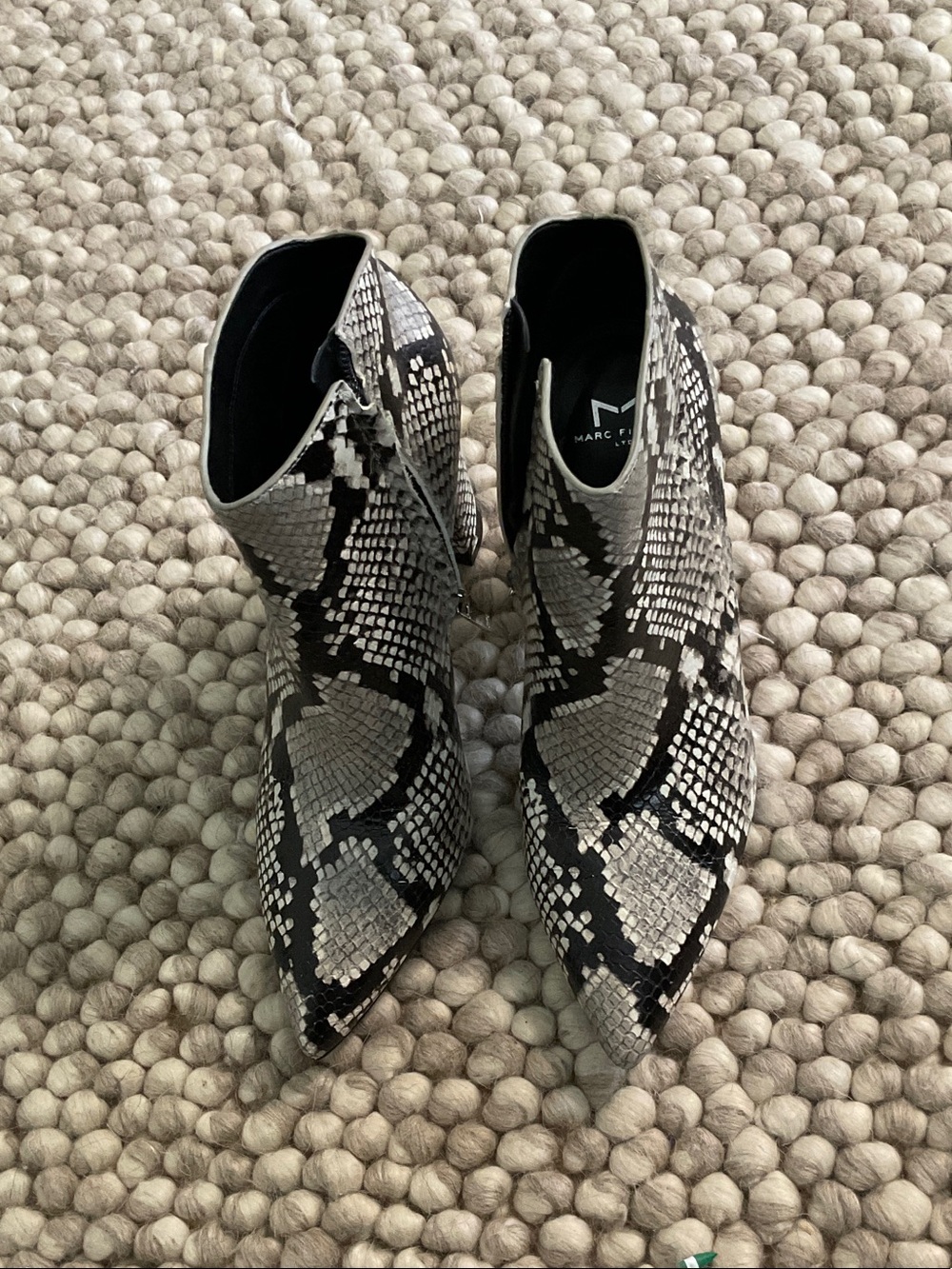 Marc Fisher Black and Gray Python-Print Pointed Ankle Booties